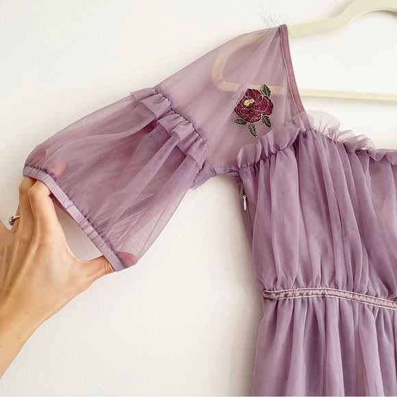 Y2K Purple Fairy Dress Sheer Babydoll Puff Sleeve Sz M Milkmaid Square Neck Long - Picture 5 of 12